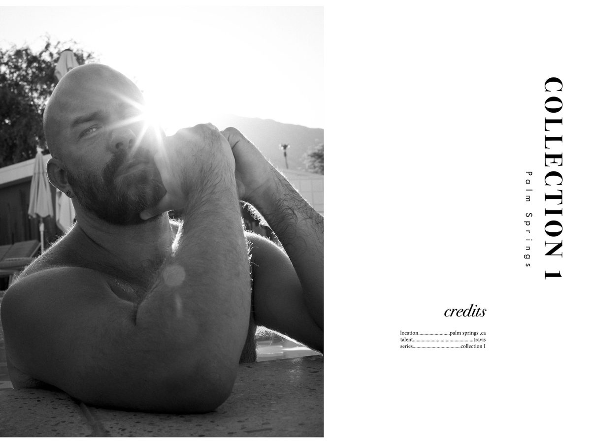 Spread 11 of 11 from Palm Springs, CA: a bearded, bald man lies back poolside in sunlight, beside the collection's title and credits; black and white.
