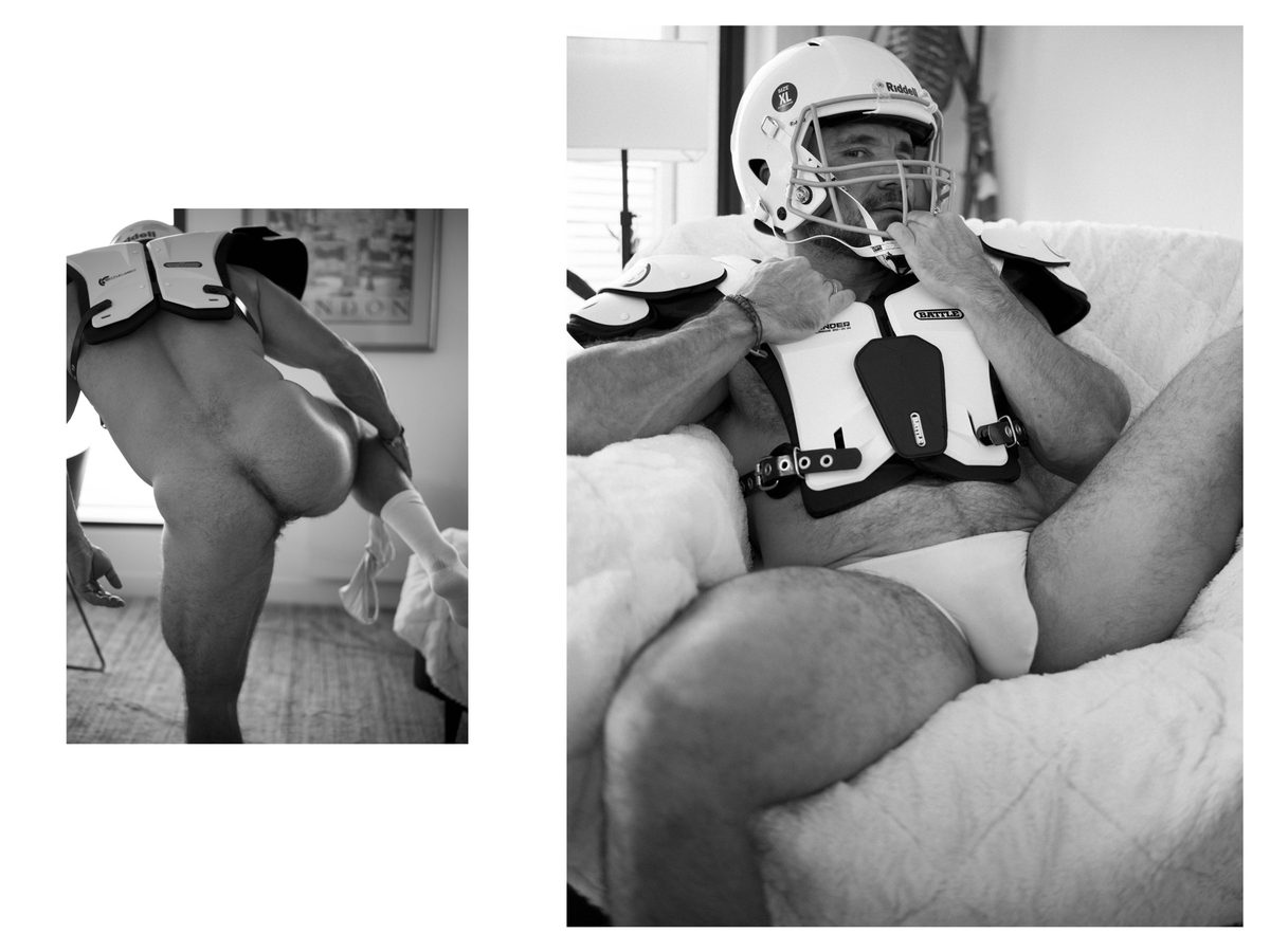Spread 2 of 5 from Kink: two photographs of a man in a football helmet and pads, bent forward nude and reclining in briefs on a sofa; black and white.