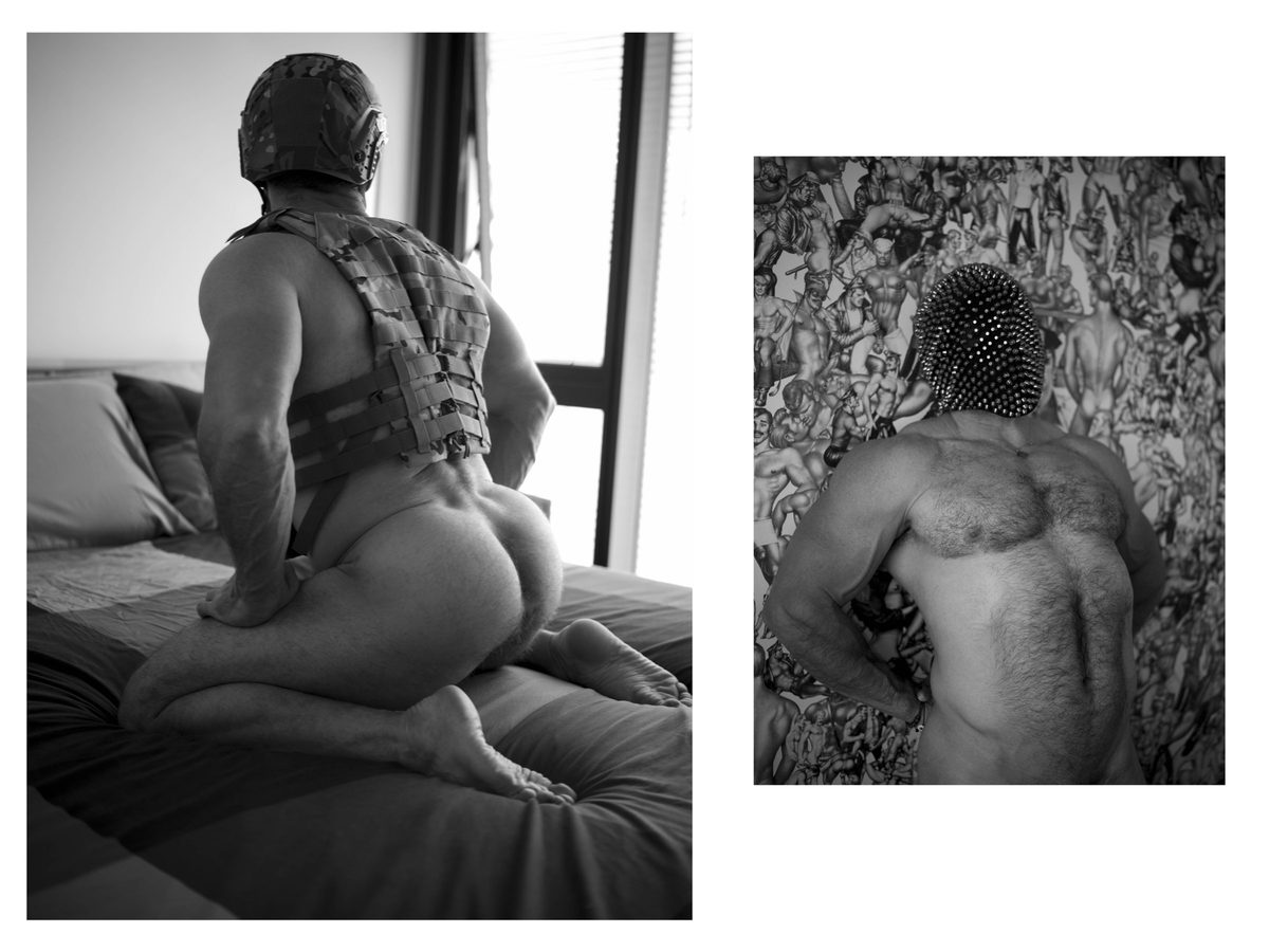 Spread 4 of 5 from Kink: two photographs of a nude man in a tactical helmet and harness, kneeling on a bed and a close portrait with a spiked mask; black and white.