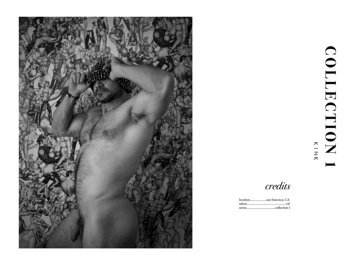 Spread 5 of 5 from Kink: a nude, bearded man wears a studded mask over his eyes against a densely illustrated wallpaper, beside the collection's title and credits; black and white.