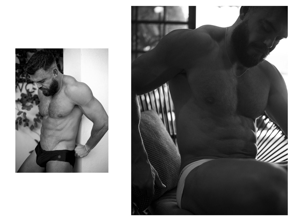 Spread 2 of 7 from Descanso: two photographs of a bearded man, a close portrait by foliage and seated shirtless in briefs in shadow; black and white.