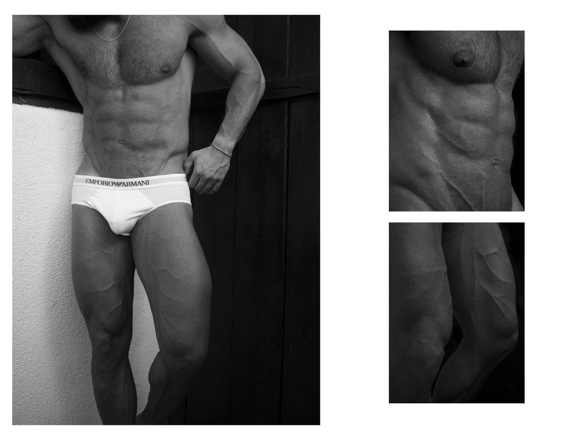 Spread 4 of 7 from Descanso: three photographs of a muscular man in briefs leaning against a wall, with close details of his torso and leg; black and white.
