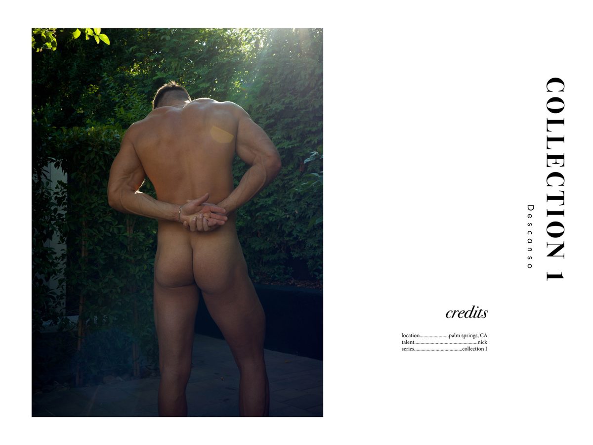 Spread 7 of 7 from Descanso: a nude man stands outdoors with hands clasped behind his back, beside the collection's title and credits; black and white.