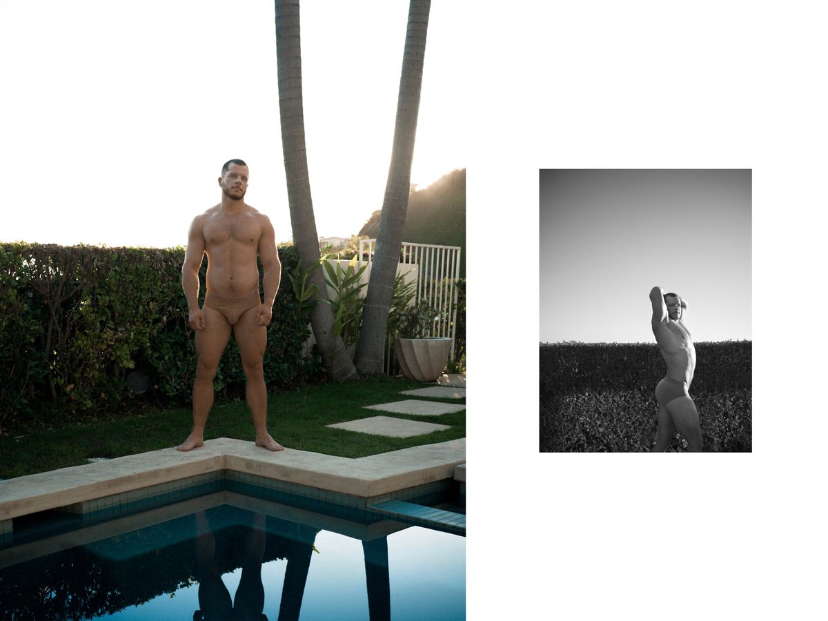 Spread 1 of 10 from Beverly Hills: two photographs of a nude man, standing poolside between palm trees and a smaller portrait in a field; colour and black and white.
