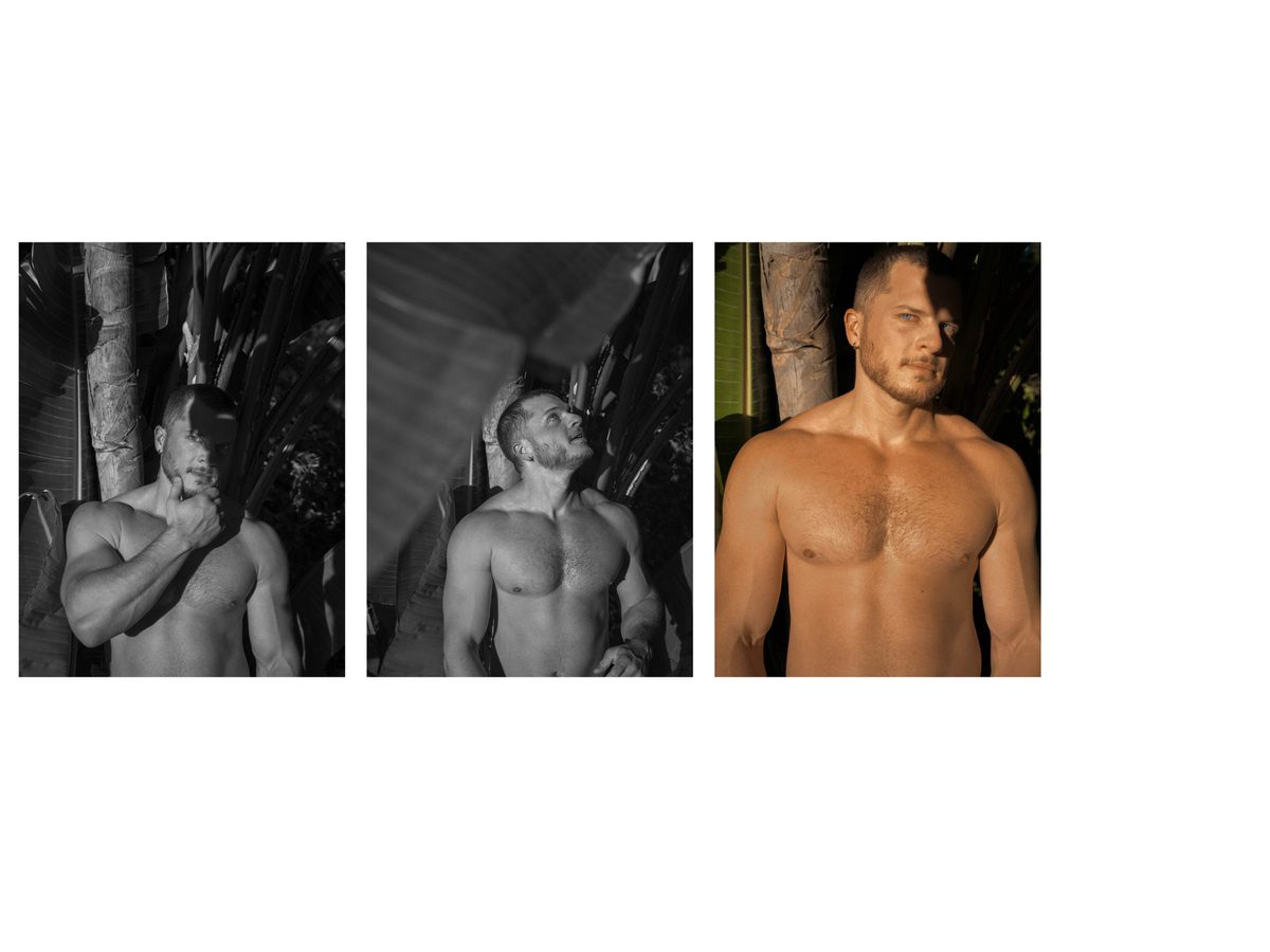 Spread 2 of 10 from Beverly Hills: three close photographs of a muscular, shirtless man outdoors in warm light; black and white and colour.