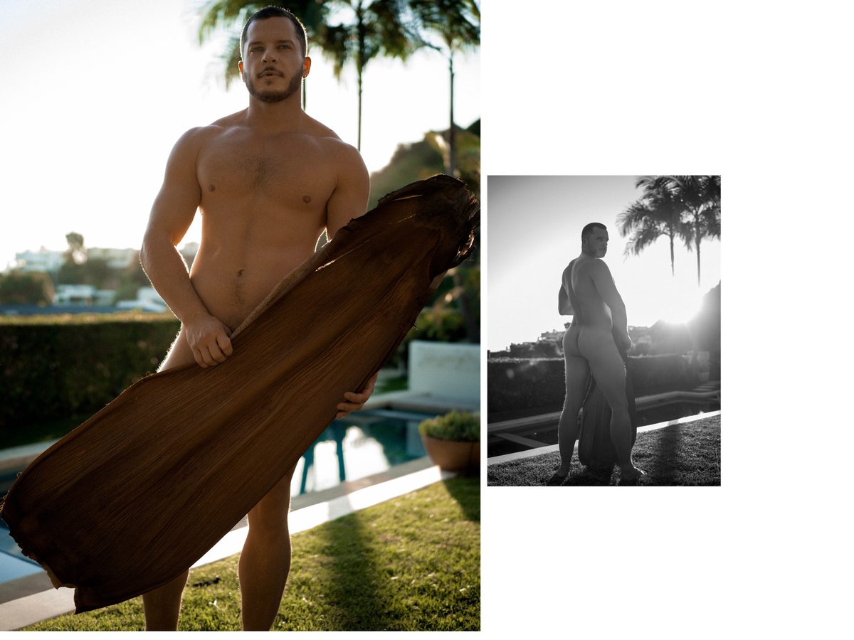 Spread 3 of 10 from Beverly Hills: two photographs of a nude man holding a large dried palm frond poolside; colour.