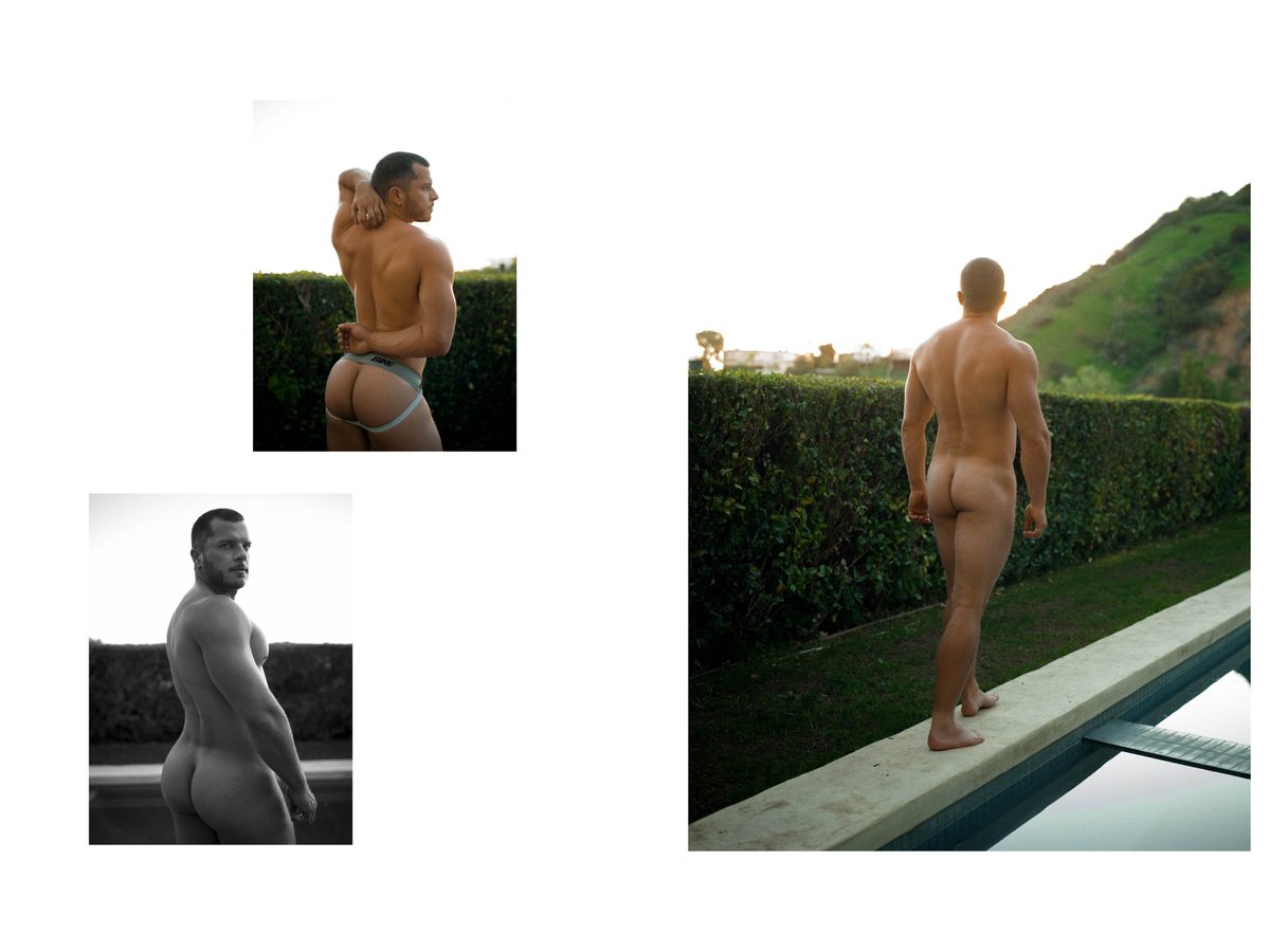 Spread 9 of 10 from Beverly Hills: three photographs of a nude man outdoors, seen from behind and walking poolside at dusk; colour and black and white.