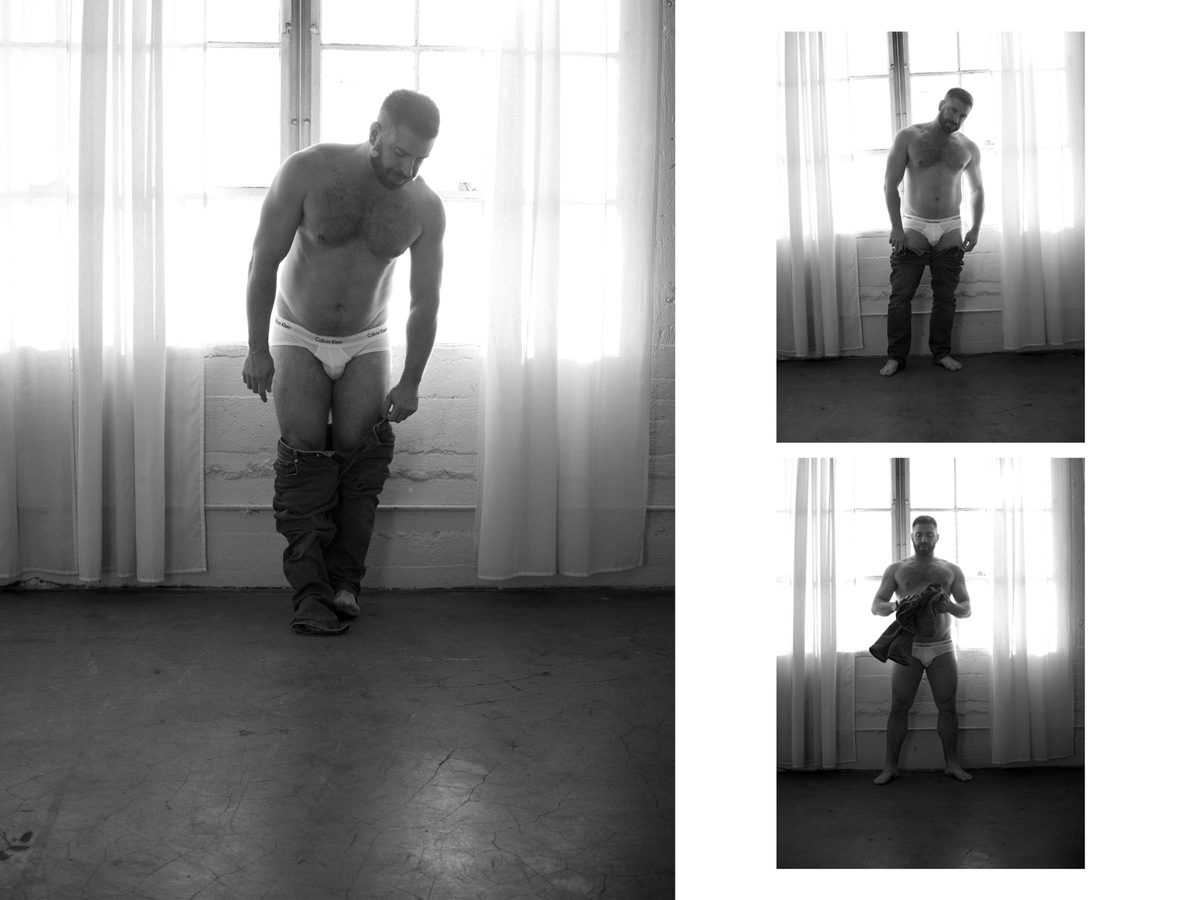Spread 4 of 10 from Studio Sessions: three photographs of a bearded man undressing to briefs in a sunlit studio; black and white.