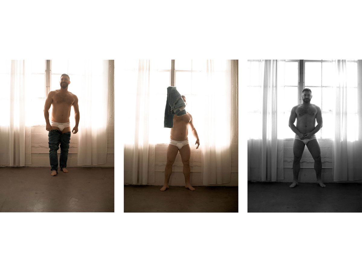 Spread 5 of 10 from Studio Sessions: three photographs of a bearded man in briefs, removing jeans and standing by curtained windows; colour.