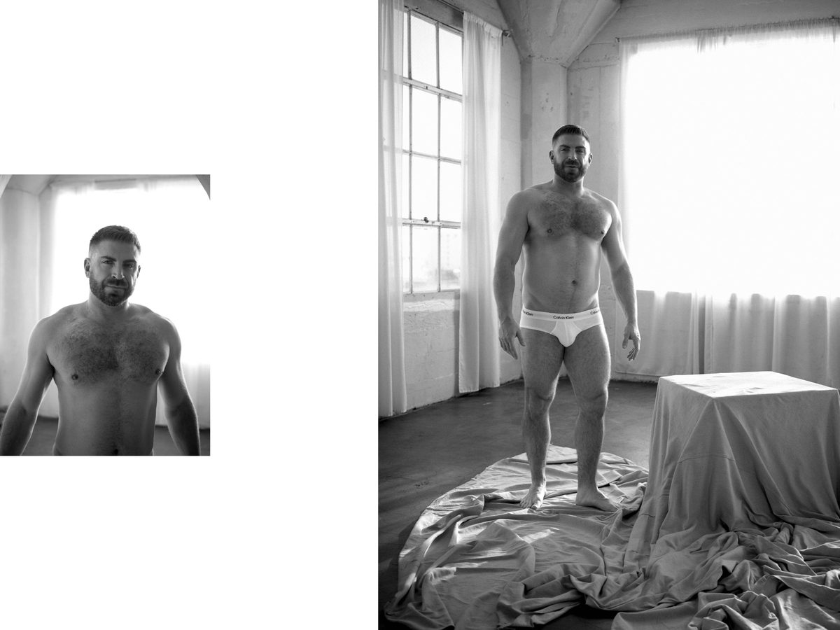 Spread 6 of 10 from Studio Sessions: two photographs of a bearded man, a close portrait and standing in briefs on a draped pedestal; black and white.