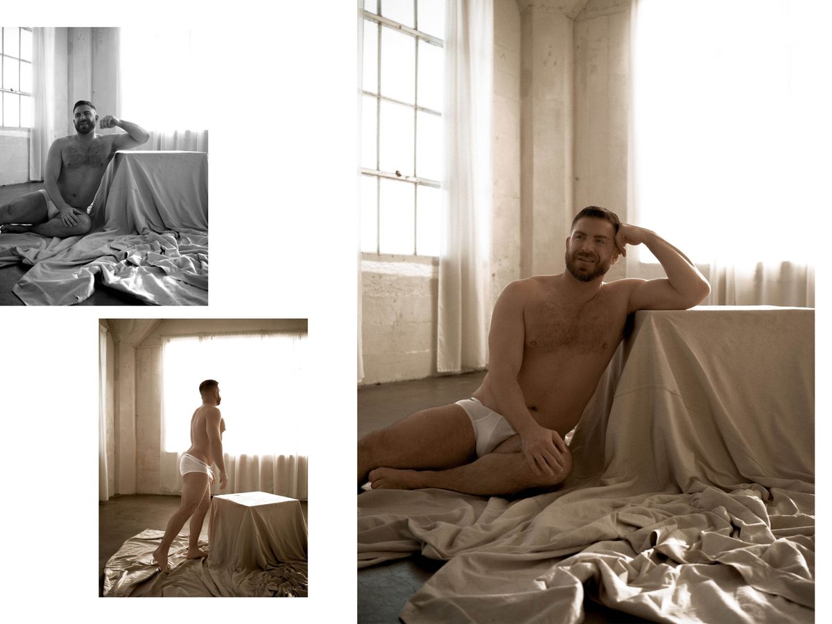 Spread 7 of 10 from Studio Sessions: three photographs of a bearded man in briefs, seated on draped fabric and standing by a window; black and white and colour.