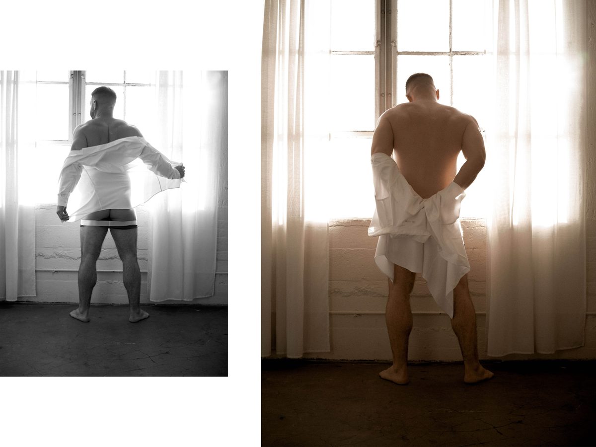 Spread 9 of 10 from Studio Sessions: two photographs of a bearded man pulling on a white shirt and wrapping a towel at a sunlit window; black and white.