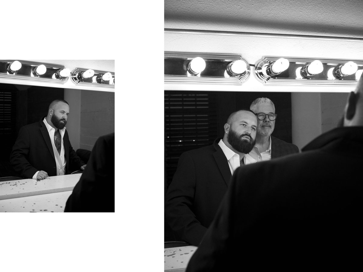 Spread 2 of 2 from Power Moves: two photographs of a bearded man in a suit at a lit mirror and standing with another man; black and white.