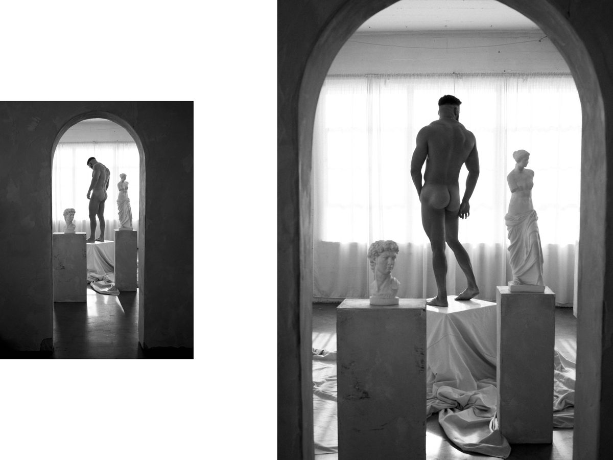 Spread 2 of 10 from Ancient Forms: two photographs of a nude man among plaster statues on pedestals, seen through an archway and from behind; black and white.