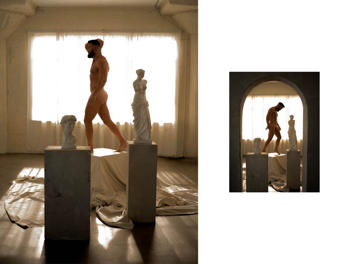 Spread 3 of 10 from Ancient Forms: two photographs of a nude man walking between plaster busts and statues in a sunlit studio; colour and black and white.