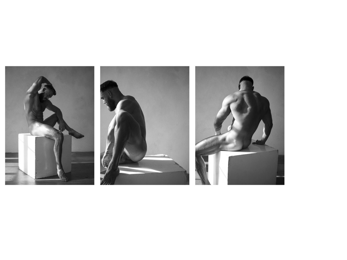 Spread 4 of 10 from Ancient Forms: three photographs of a nude man seated on a white block in different poses; black and white.