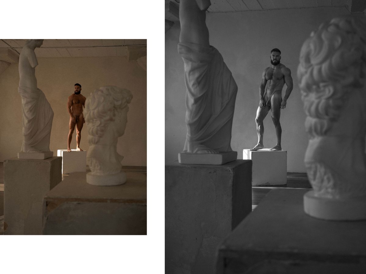 Spread 8 of 10 from Ancient Forms: two photographs of a nude man standing among classical statues on pedestals; black and white and colour.