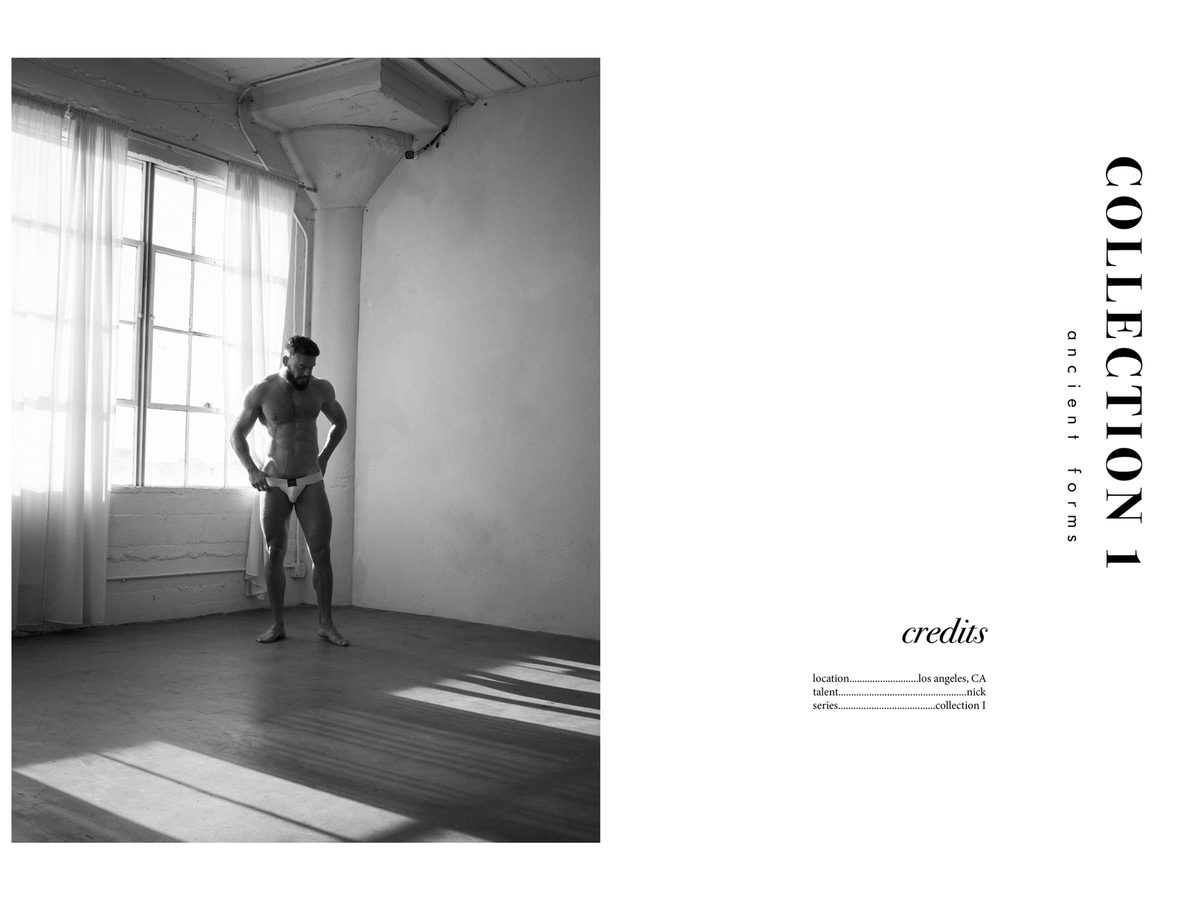 Spread 10 of 10 from Ancient Forms: a bearded man in a jockstrap stands by a window, beside the collection's title and credits; black and white.