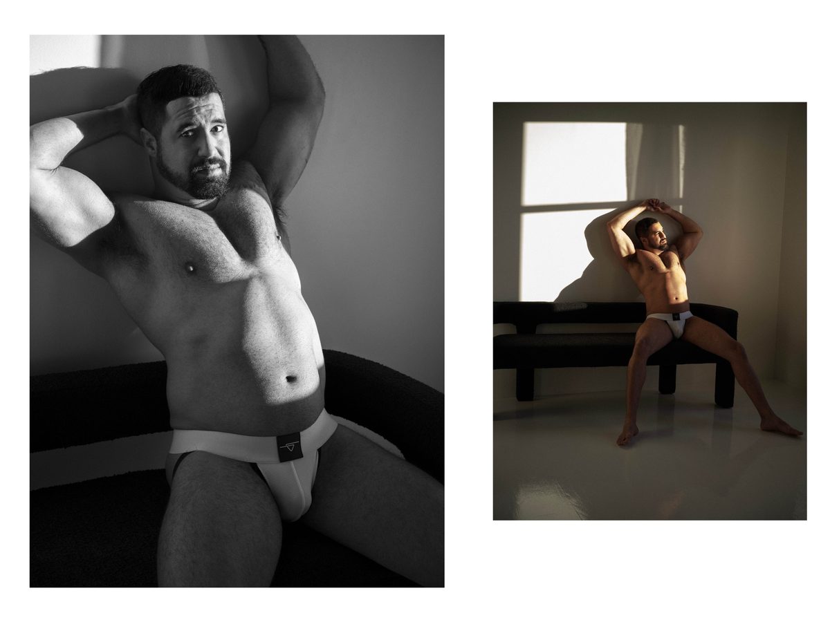 Spread 1 of 2 from Sweaty Johnson: two photographs of a bearded man in a white jockstrap, reclining and crouched with arms raised; black and white.