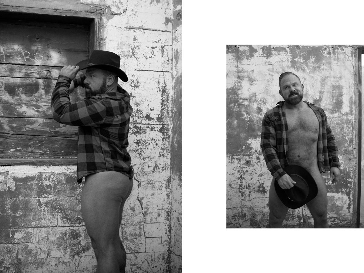 Spread 1 of 6 from Scorpion Gultch, AZ: two photographs of a bearded man in a cowboy hat and plaid shirt, one shirtless with the shirt open; black and white.