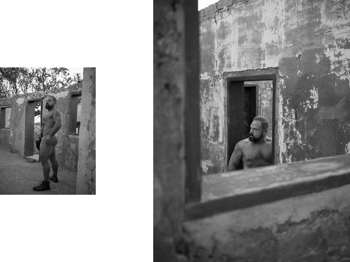 Spread 2 of 6 from Scorpion Gultch, AZ: two photographs of a bearded, tattooed man, nude leaning in a doorway and bare-chested through a window; black and white.