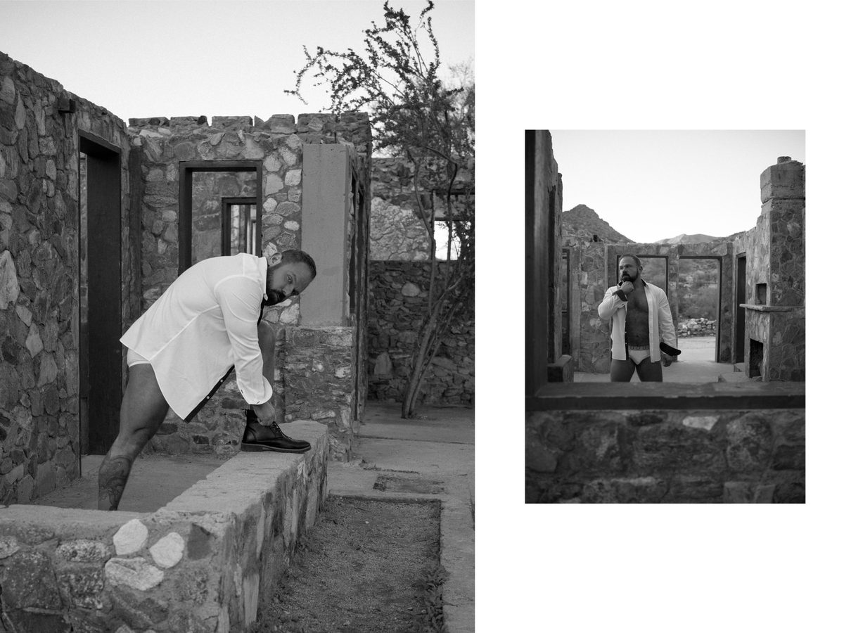 Spread 5 of 6 from Scorpion Gultch, AZ: two photographs of a bearded man in a white shirt among stone ruins, bending and speaking into a radio; black and white.
