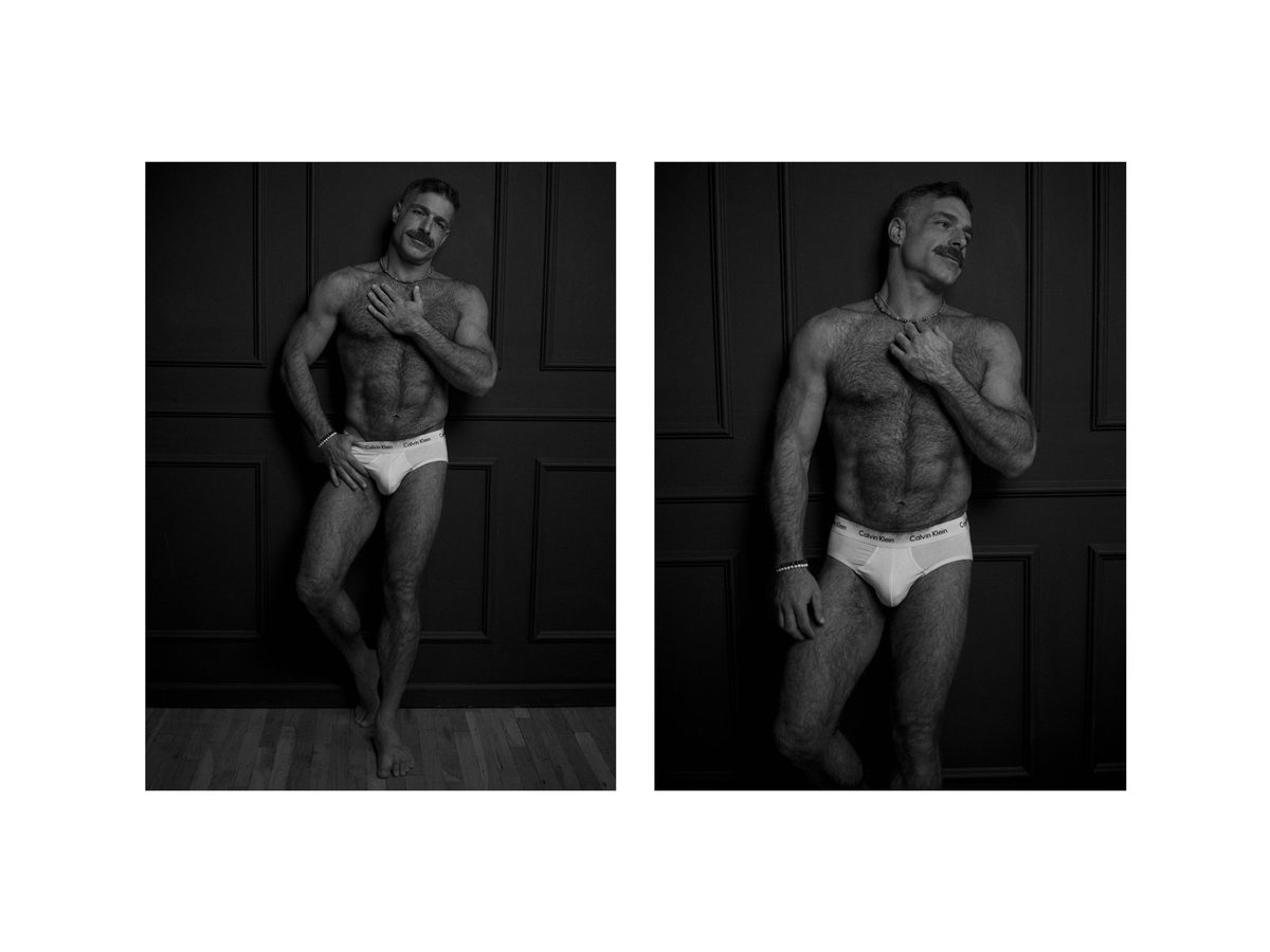 Spread 7 of 8: two photographs of a bearded, hairy-chested man in white briefs, leaning against a panelled wall; black and white.