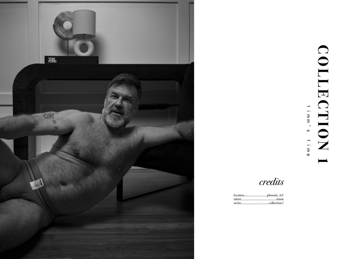 Spread 8 of 8: a bearded, grey-haired, hairy-chested man in a jockstrap reclines on the floor, beside the collection's title and credits; black and white.