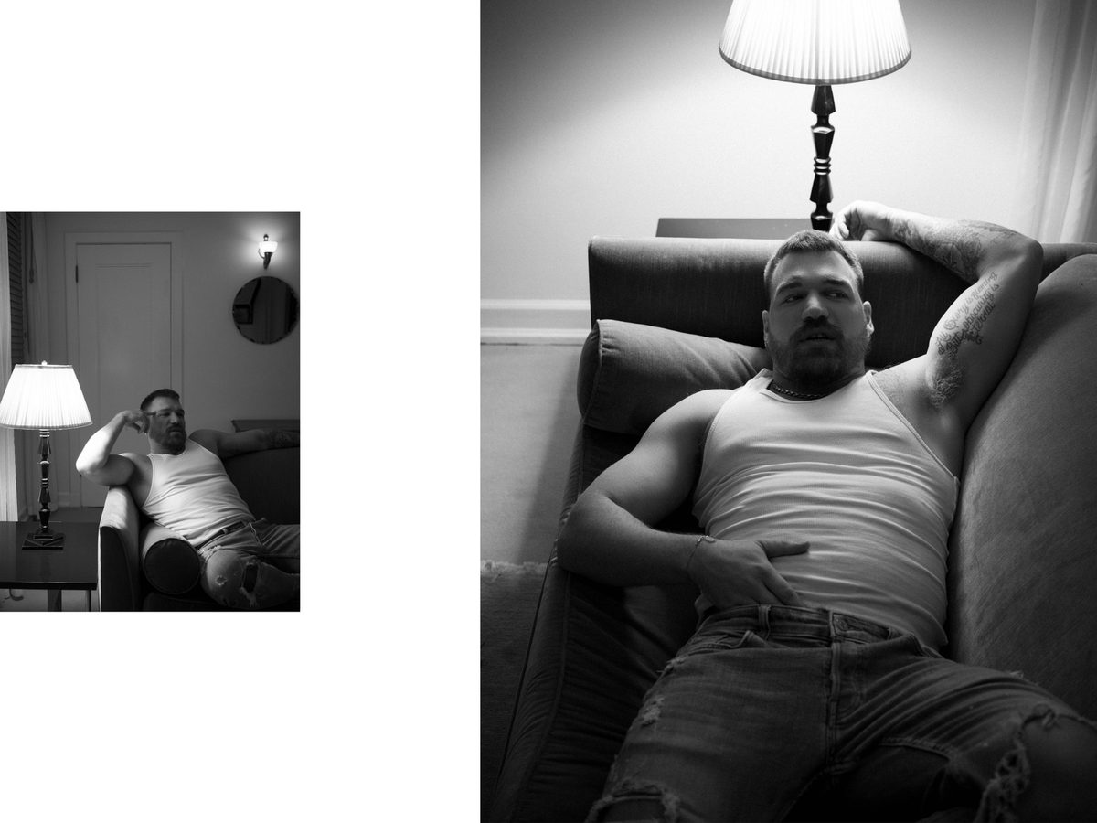 Spread 2 of 10 from Chateau Marmont: two photographs of a tattooed man in a tank top and jeans, reclining on an armchair by a lamp; black and white.