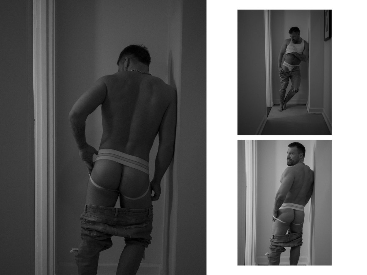 Spread 4 of 10 from Chateau Marmont: three photographs of a man in a jockstrap and lowered jeans, seen from behind in a hallway; black and white.