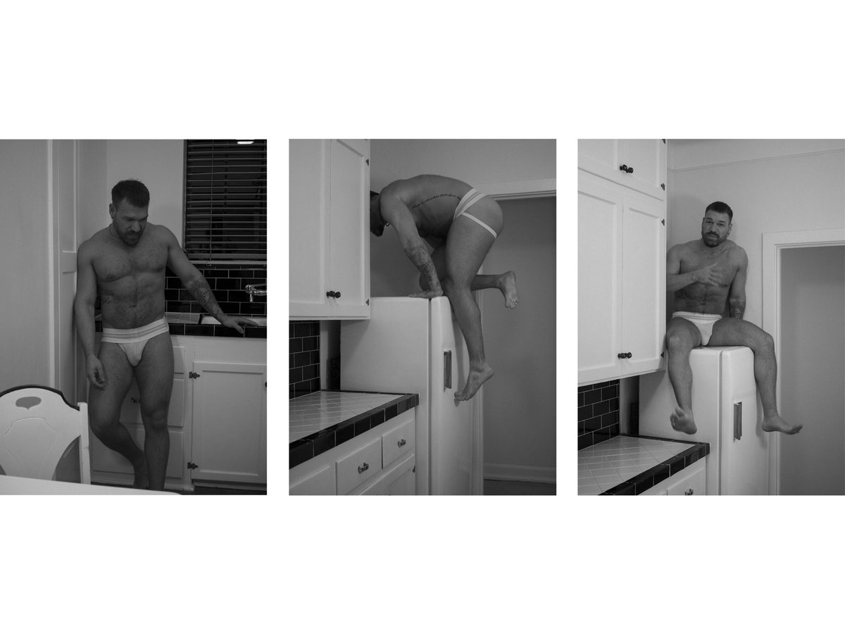 Spread 5 of 10 from Chateau Marmont: three photographs of a man in briefs in a kitchen, leaning at a sink and climbing onto a counter; black and white.