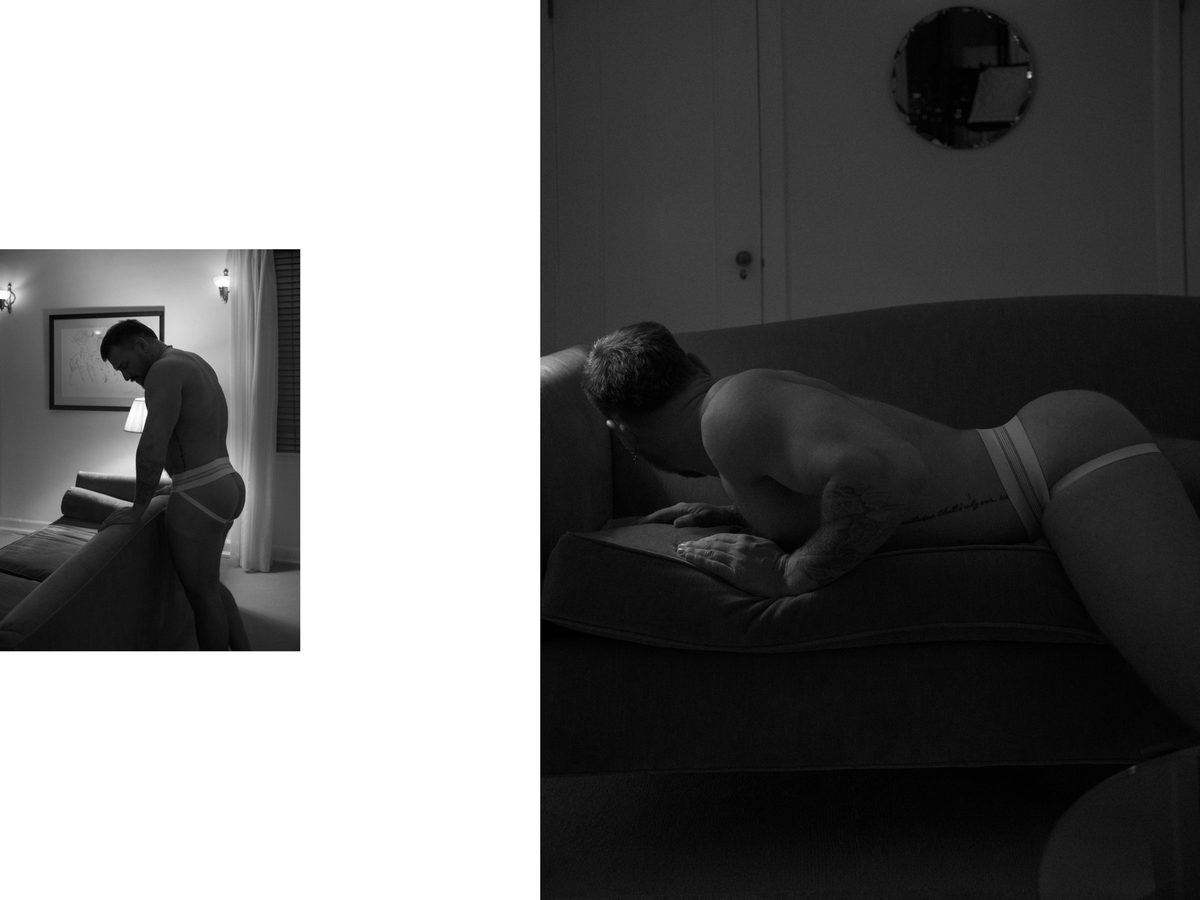 Spread 6 of 10 from Chateau Marmont: two photographs of a man in a jockstrap, bending over a sofa and lying face down on it; black and white.