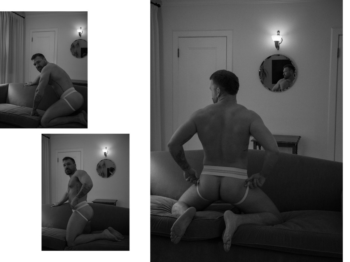 Spread 7 of 10 from Chateau Marmont: three photographs of a man in a jockstrap kneeling on a sofa, seen from behind; black and white.