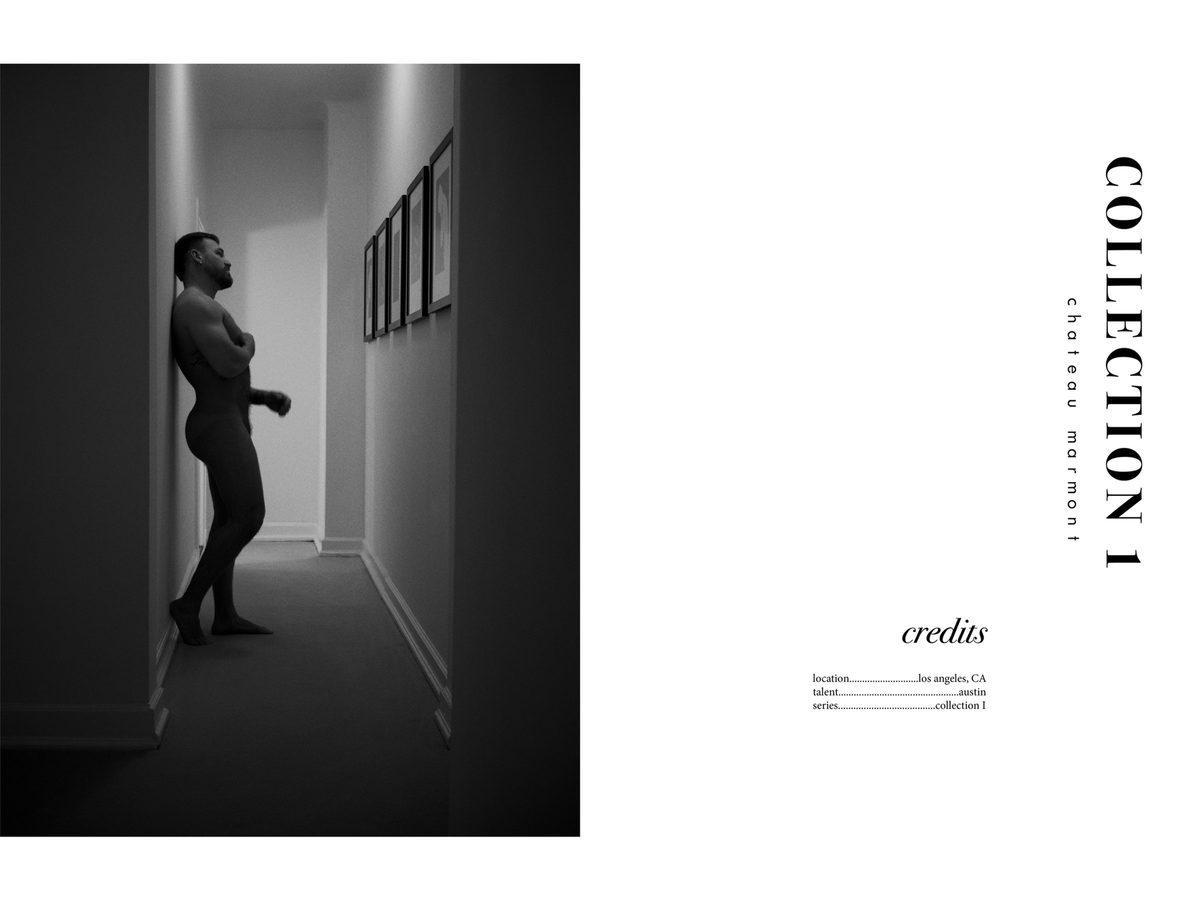 Spread 10 of 10 from Chateau Marmont: a nude man stands in a hallway, seen in profile, beside the collection's title and credits; black and white.
