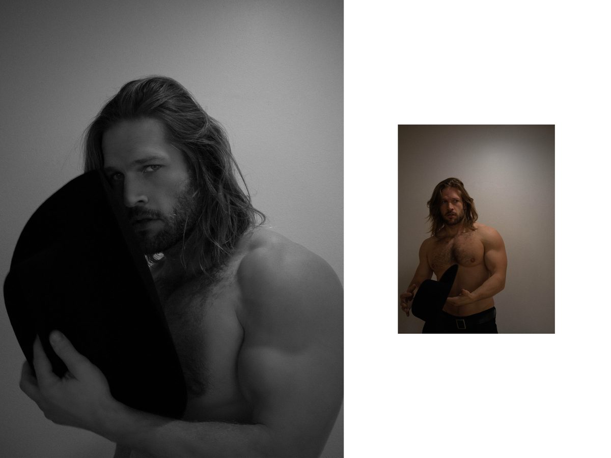 Spread 2 of 10 from Cowboy Daisy: two photographs of a long-haired, muscular man, bare-chested and holding a cowboy hat to his chest; black and white and colour.