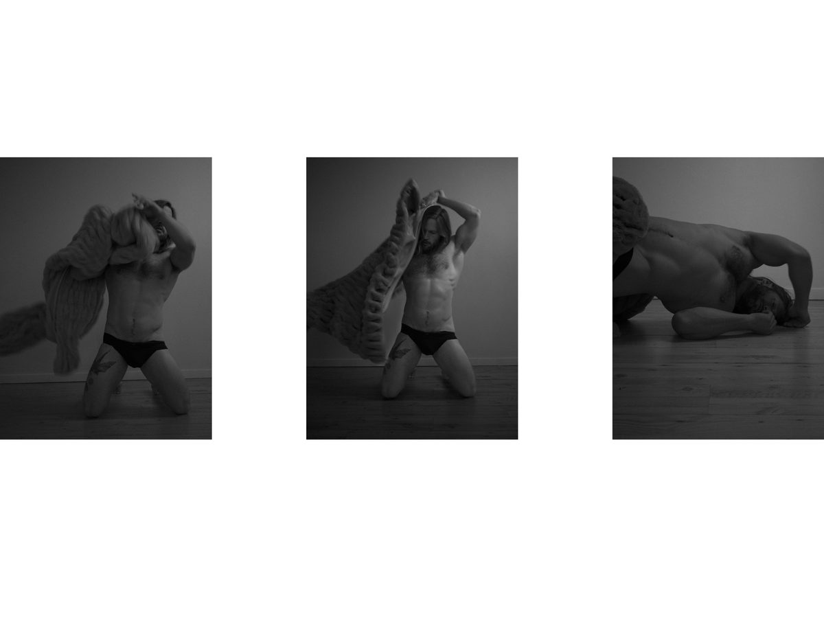Spread 5 of 10 from Cowboy Daisy: three photographs of a man in briefs kneeling under draped fabric, and lying face down on the floor; black and white.