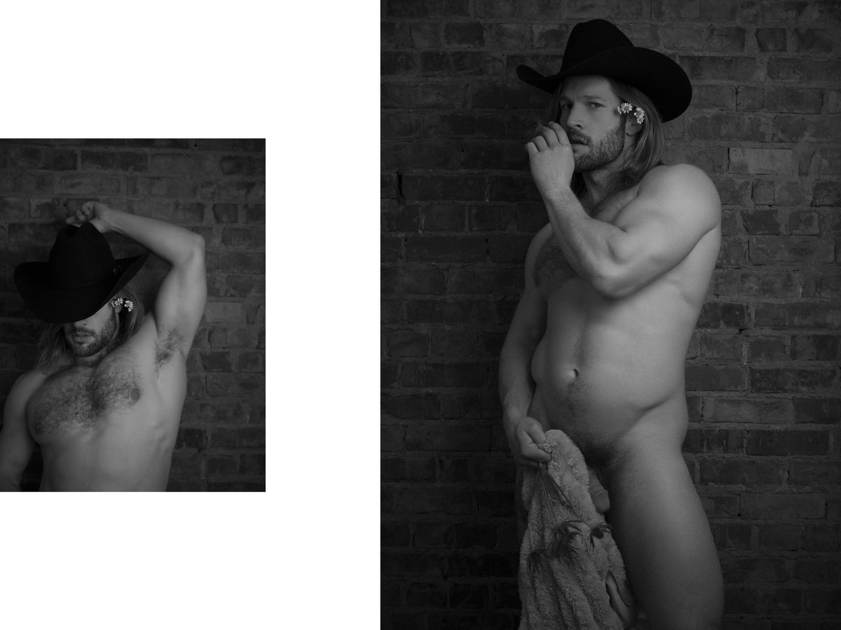 Spread 6 of 10 from Cowboy Daisy: two photographs of a long-haired, nude man in a cowboy hat, bare-chested and standing against a brick wall; black and white.