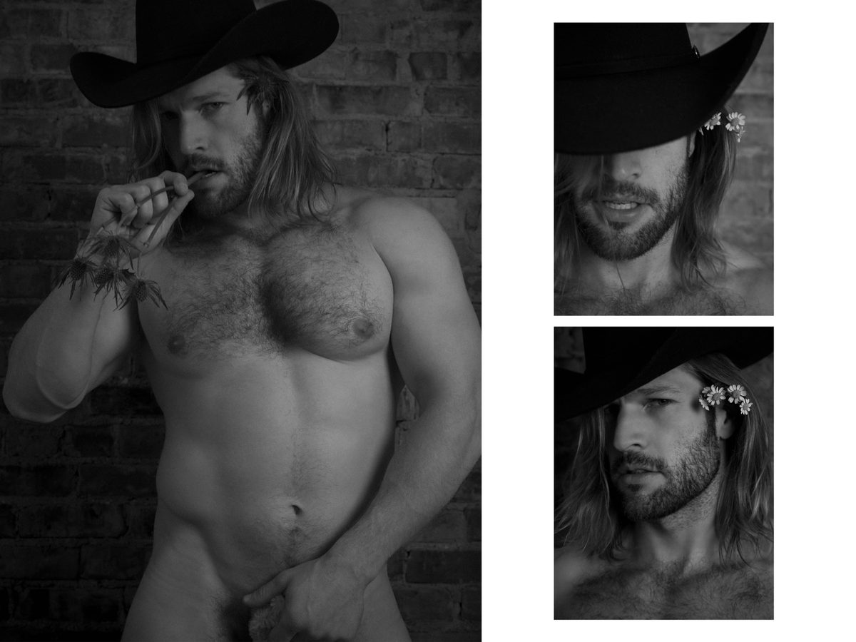Spread 7 of 10 from Cowboy Daisy: three photographs of a long-haired, nude man in a cowboy hat, close portraits and a torso view; black and white.