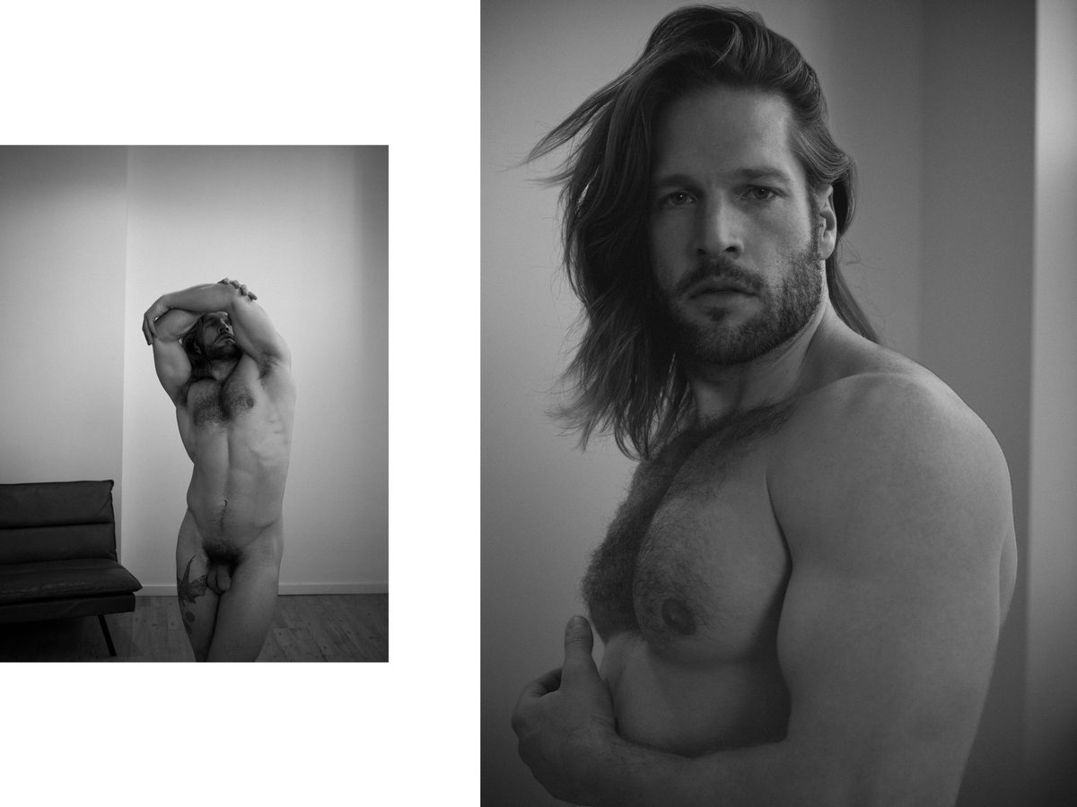Spread 9 of 10 from Cowboy Daisy: two photographs of a long-haired, nude man, arms raised against a wall and a close portrait with arms crossed; black and white.