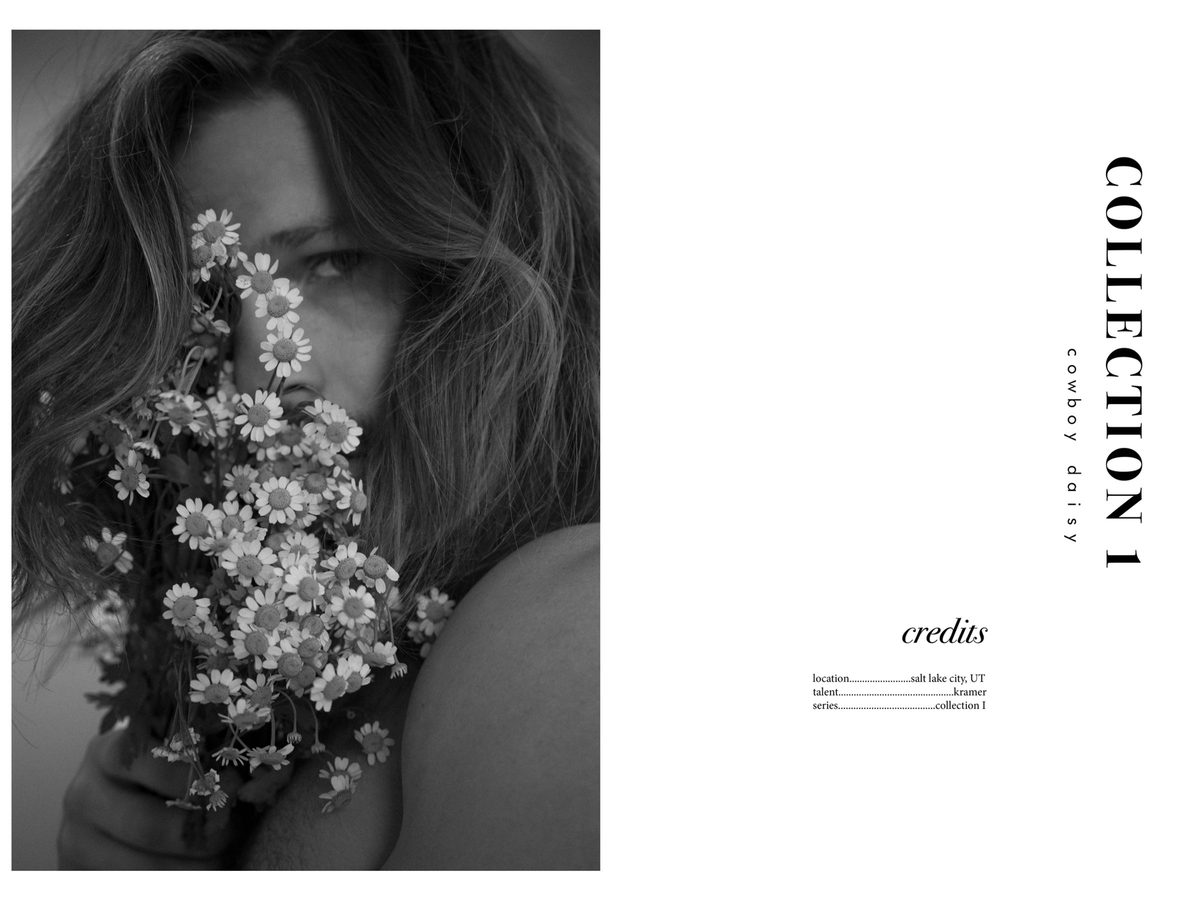 Spread 10 of 10 from Cowboy Daisy: a long-haired figure holds a bouquet of daisies across their face, beside the collection's title and credits; black and white.