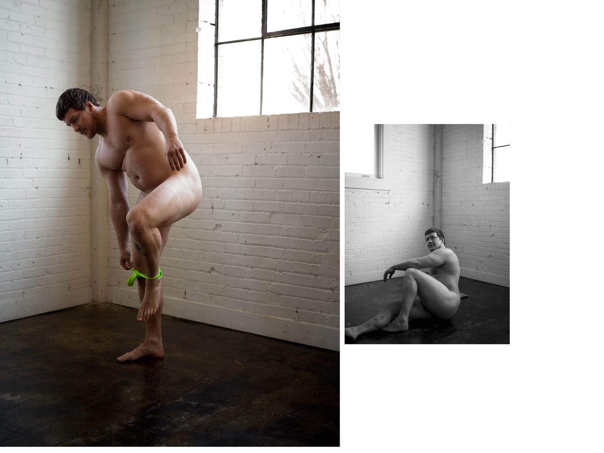 Spread 5 of 11 from Brick by Brick: two photographs of a nude man against a brick wall, bending down and seated on the floor; black and white.