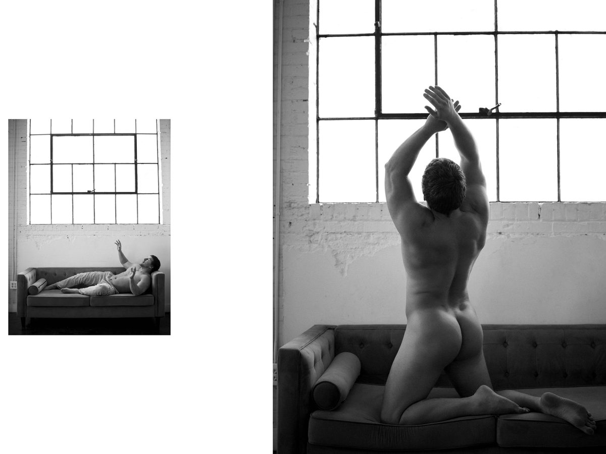 Spread 7 of 11 from Brick by Brick: two photographs of a man reclining on a sofa and a nude man kneeling on it with arms raised; black and white.