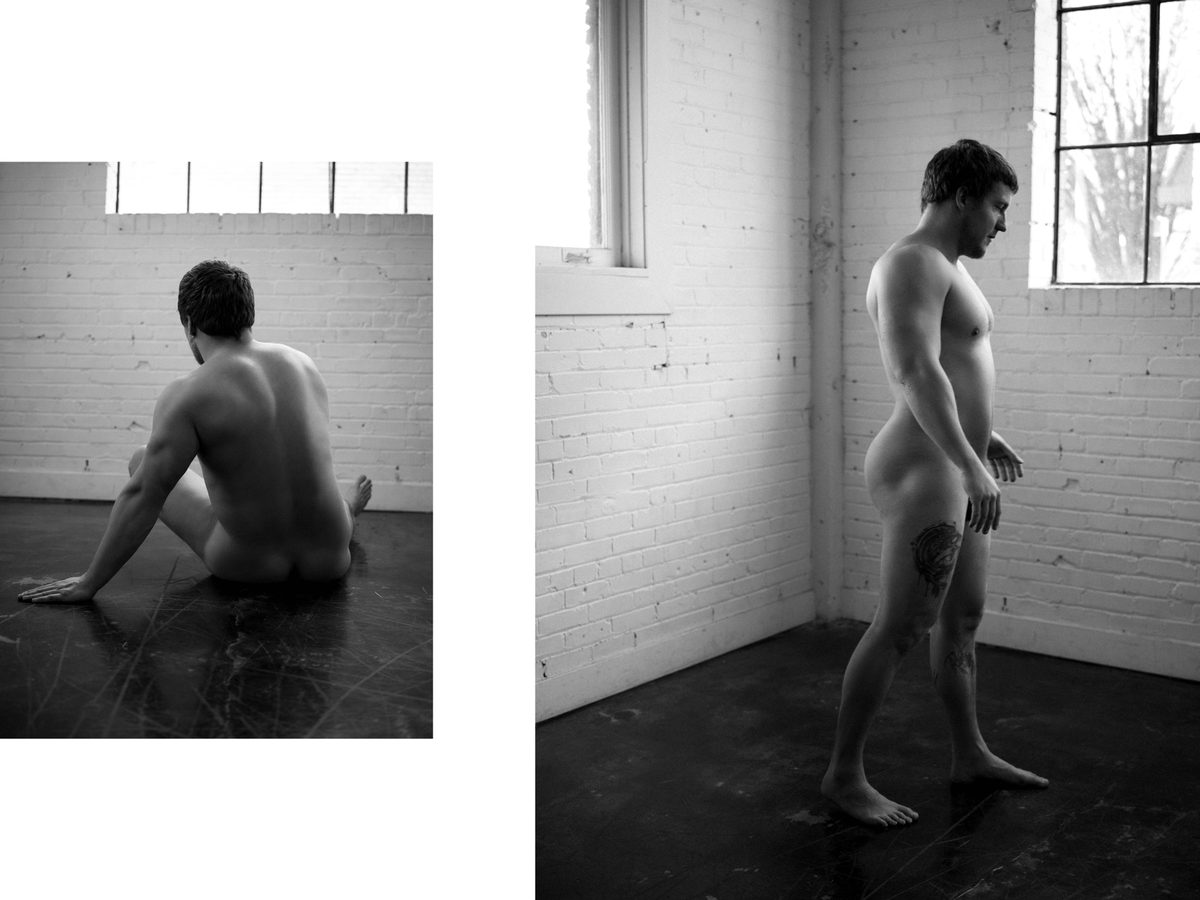 Spread 9 of 11 from Brick by Brick: two photographs of a nude man seated on a concrete floor and standing against a brick wall; black and white.