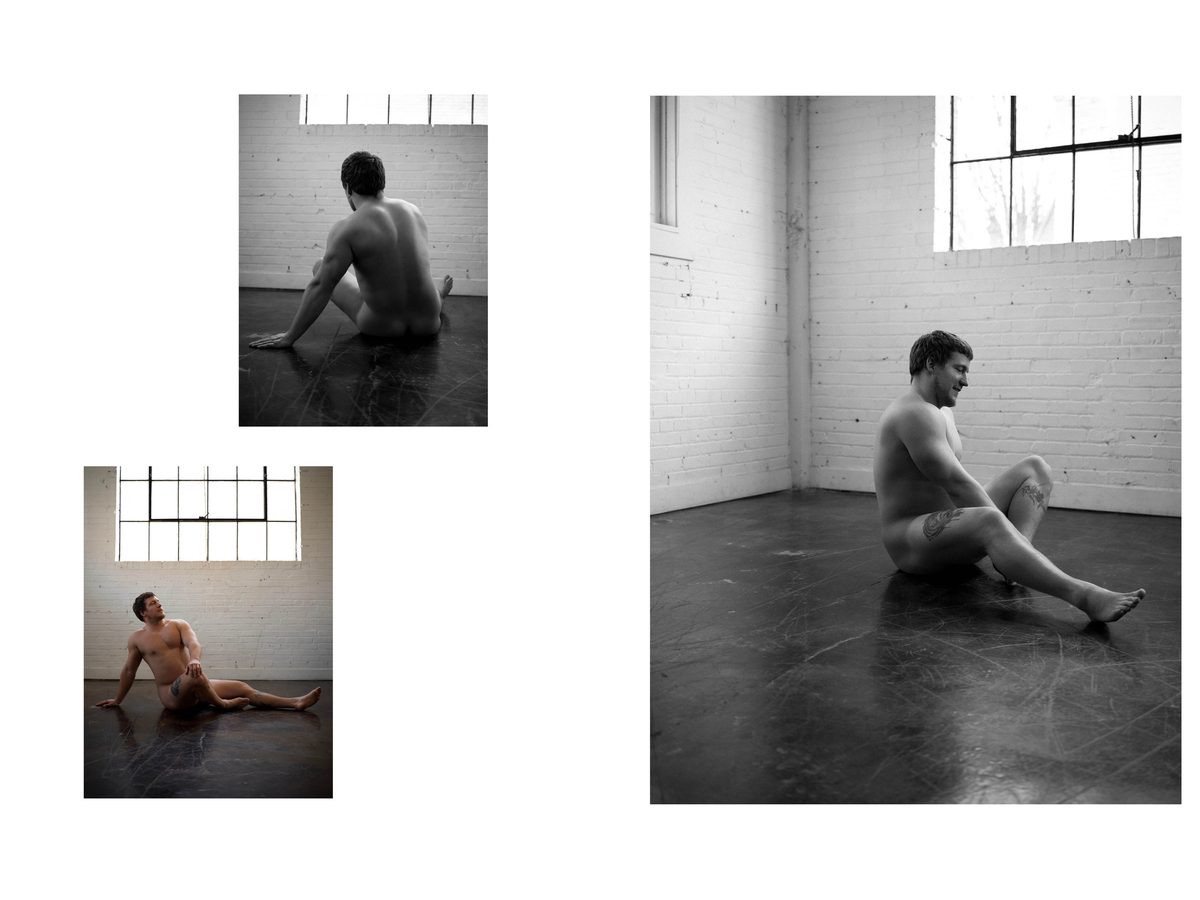 Spread 10 of 11 from Brick by Brick: three photographs of a nude man seated on a concrete floor in different poses; colour and black and white.
