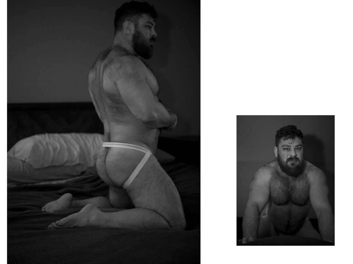 Spread 6 of 10 from Bear Bottom: two photographs of a heavyset, bearded man in a jockstrap, kneeling on a bed and on all fours; black and white.