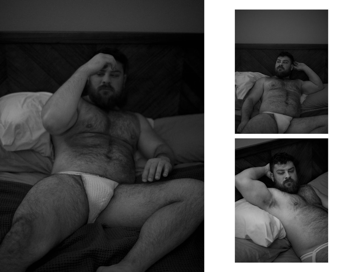 Spread 7 of 10 from Bear Bottom: three photographs of a heavyset, bearded man in briefs, seated and reclining on a bed; black and white.