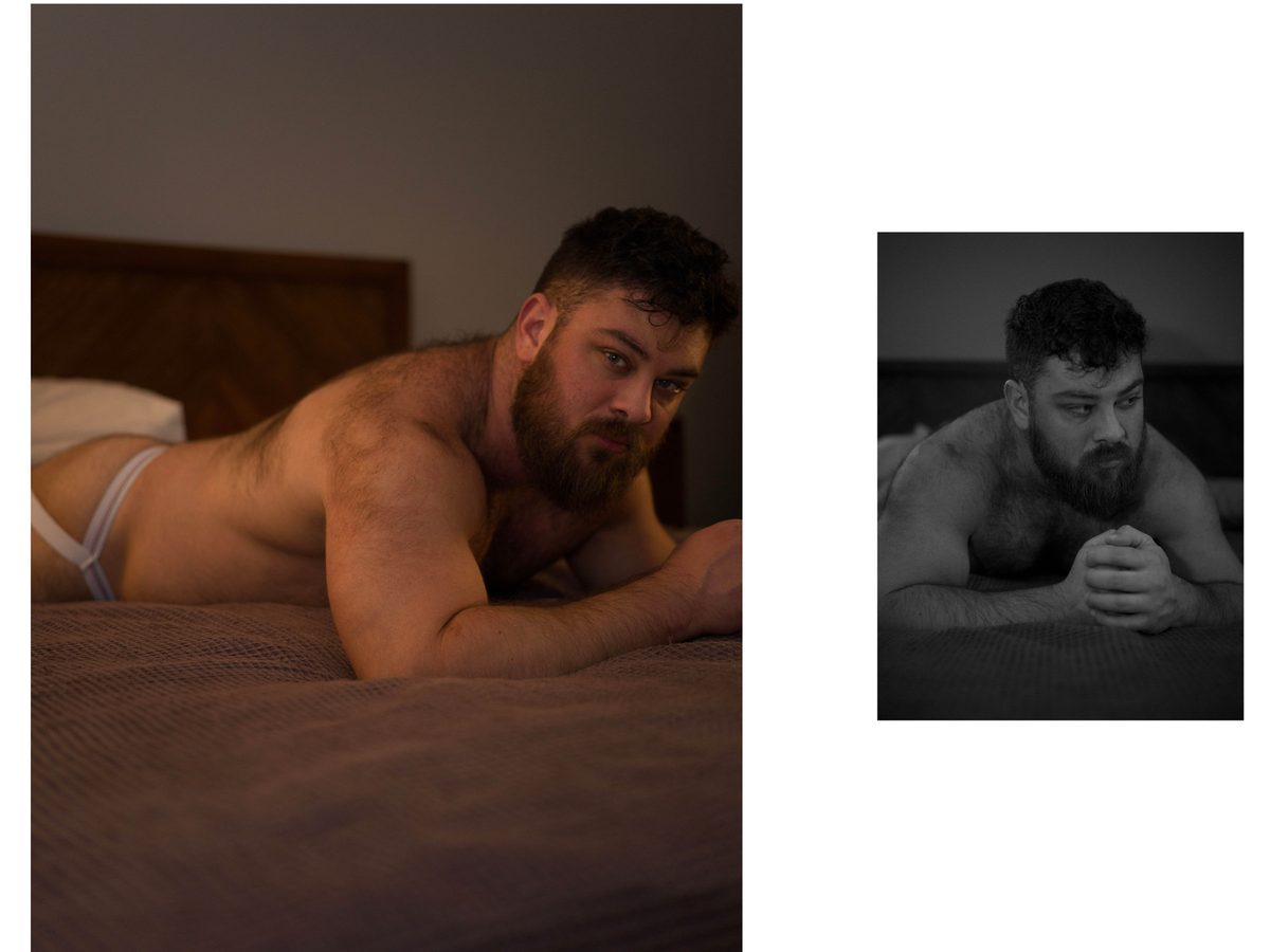 Spread 8 of 10 from Bear Bottom: two photographs of a heavyset, bearded man in a jockstrap, reclining on a bed and a close portrait; colour and black and white.