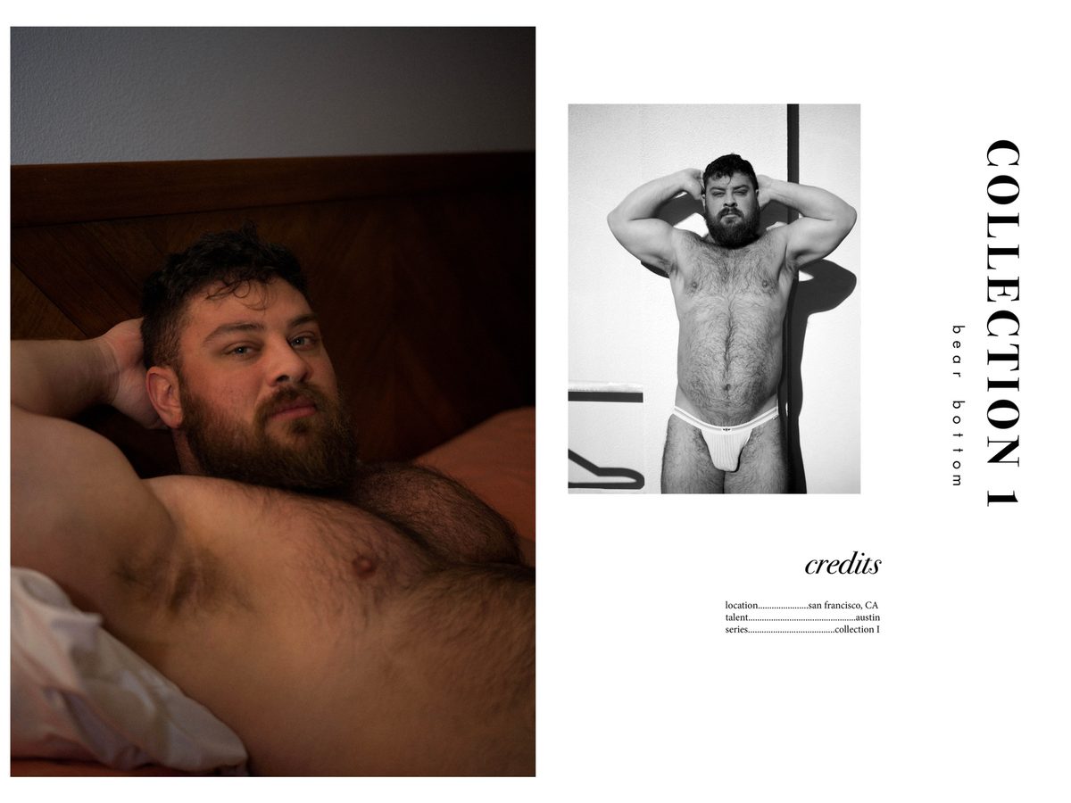 Spread 10 of 10 from Bear Bottom: a close portrait of a heavyset, bearded man in bed, beside a smaller photograph and the collection's title and credits; colour.