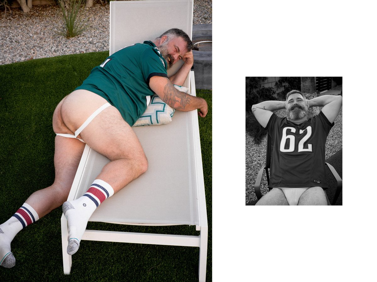 Spread 3 of 10: two photographs of a bearded man in a sports jersey, reclining on a lounge chair and seated with arms behind his head; colour and black and white.