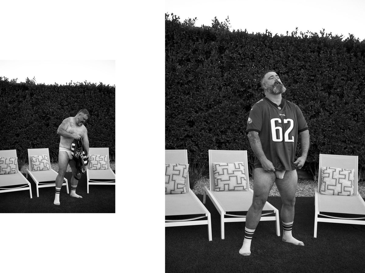 Spread 6 of 10: two photographs of a bearded man in a sports jersey on a lounge chair, bending down and standing with head back; black and white.